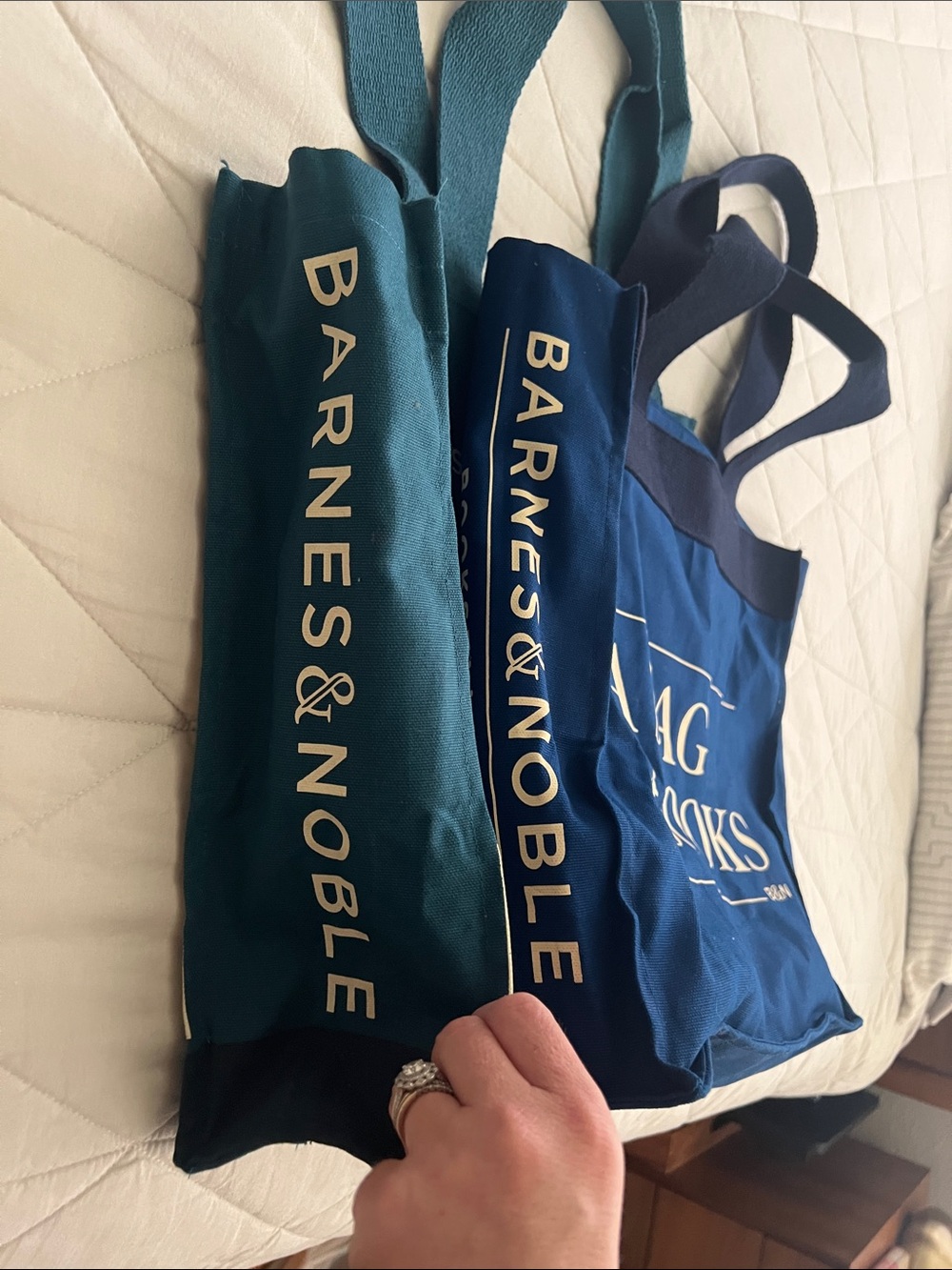 PAIR of Barnes & Noble A BAG of BOOKS Tote Bags - teal and deep royal blue - Picture 4 of 16